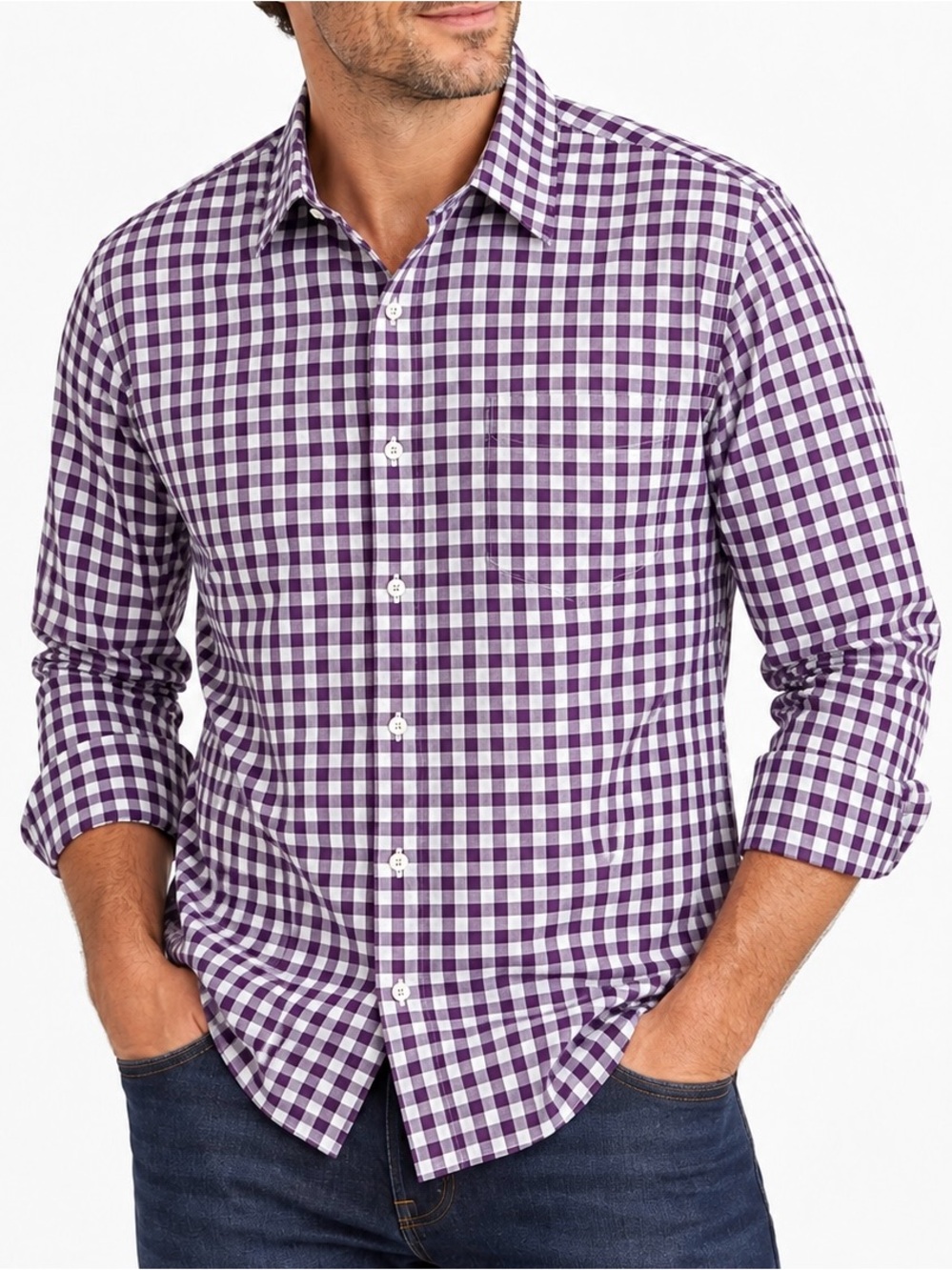 UNTUCKit Men’s Purple White Gingham Check Cotton Button Down Shirt Large
